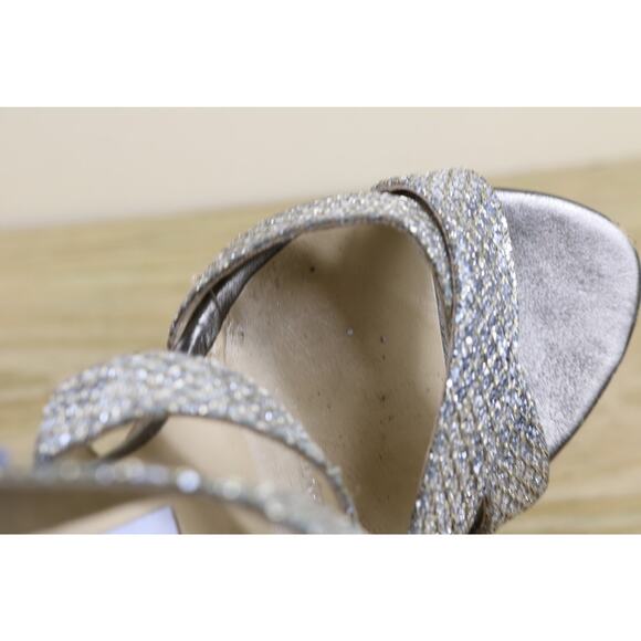 Jimmy Choo Heel 38.5 Vamp Silver Gold Glitter Fabric Platform 5" Sandals Shoes - Picture 14 of 15